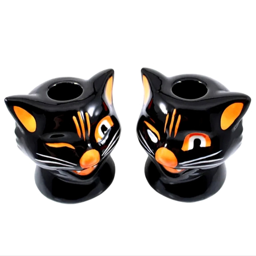 *SOLD* SOURPUSS Black Cat Ceramic Candle Holders Set Of Two 3” x 3.25” Halloween - Picture 3 of 4